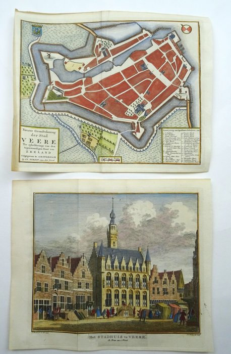 Holland - Veere, kort og udsigt over rådhuset; J C Philips / C Pronk / I Tirion - Nieuwe Grondtekening der Stad Veere / Het Stadhuis te Veere - 1751-1760