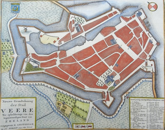 Holland - Veere, kort og udsigt over rådhuset; J C Philips / C Pronk / I Tirion - Nieuwe Grondtekening der Stad Veere / Het Stadhuis te Veere - 1751-1760