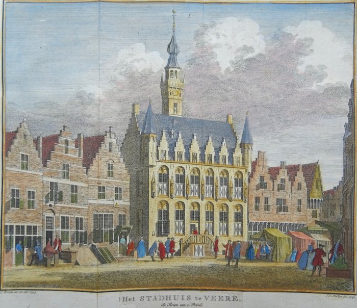 Holland - Veere, kort og udsigt over rådhuset; J C Philips / C Pronk / I Tirion - Nieuwe Grondtekening der Stad Veere / Het Stadhuis te Veere - 1751-1760