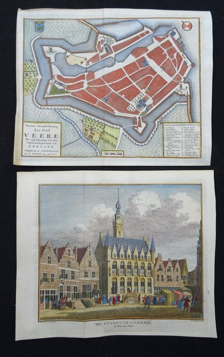 Holland - Veere, kort og udsigt over rådhuset; J C Philips / C Pronk / I Tirion - Nieuwe Grondtekening der Stad Veere / Het Stadhuis te Veere - 1751-1760