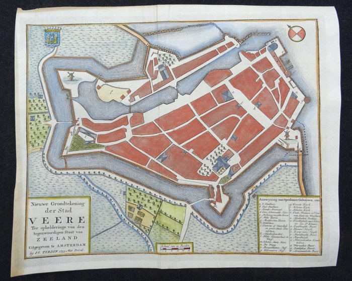 Holland - Veere, kort og udsigt over rådhuset; J C Philips / C Pronk / I Tirion - Nieuwe Grondtekening der Stad Veere / Het Stadhuis te Veere - 1751-1760