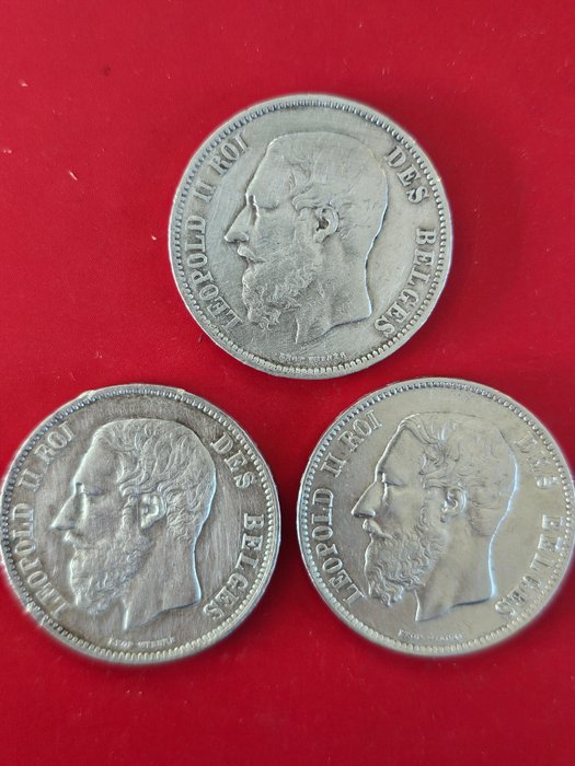 Belgien. Leopold 2.. 5 Francs 2 x 1873 (andere types) / 1868  (Ingen mindstepris)