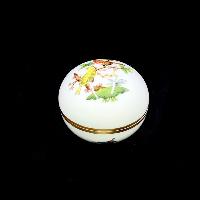 Herend - Large Round Jewelry Holder/Box - "Rothschild Bird" Pattern - Fad - Håndmalet porcelæn