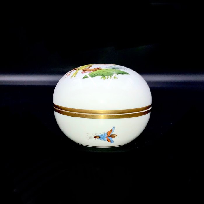 Herend - Large Round Jewelry Holder/Box - "Rothschild Bird" Pattern - Fad - Håndmalet porcelæn