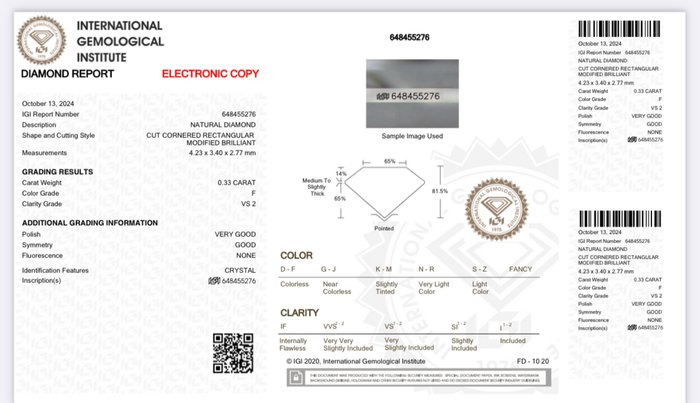 1 pcs Diamant  (Natur)  - 0.33 ct - Radiant - F - VS2 - International Gemological Institute (IGI)