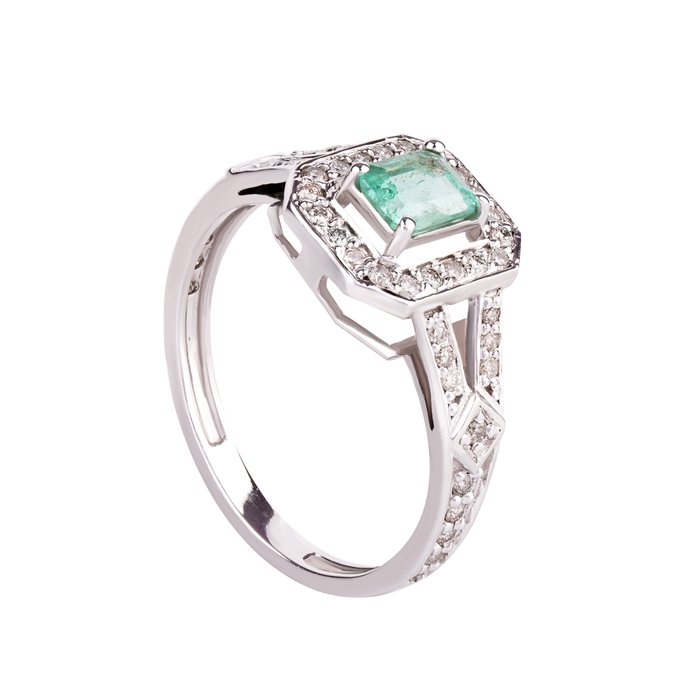 Ring - 14 karat Hvidguld -  078ct tw Smaragd - Diamant