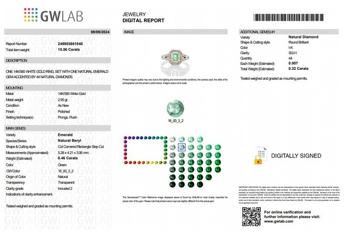 Ring - 14 karat Hvidguld -  078ct tw Smaragd - Diamant