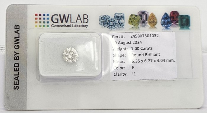 1 pcs Diamant  (Natur)  - 1.00 ct - Rund - F - I1 - Gemewizard Gemological Laboratory (GWLab)