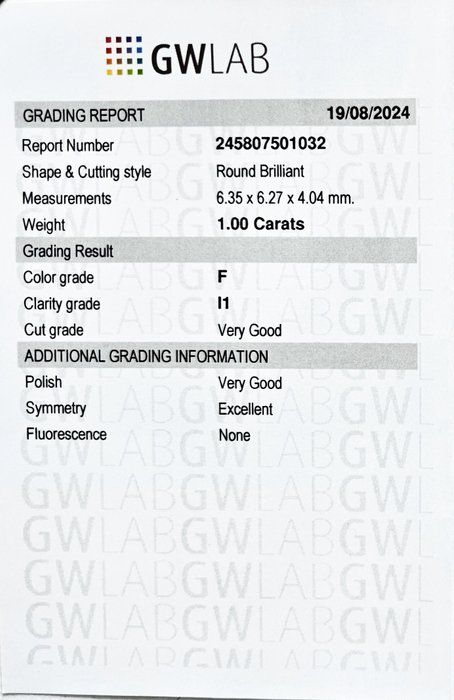 1 pcs Diamant  (Natur)  - 1.00 ct - Rund - F - I1 - Gemewizard Gemological Laboratory (GWLab)