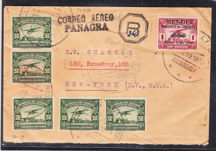 Ecuador 1930 - Registreret flybrev Panagra-tjeneste fra Ecuador til USA sjælden - Michel 28/29