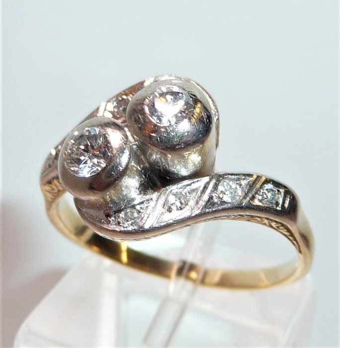 Ring - 14 karat Gulguld, Platin Diamant (Natur)  - Størrelse 57,5 kan ændres