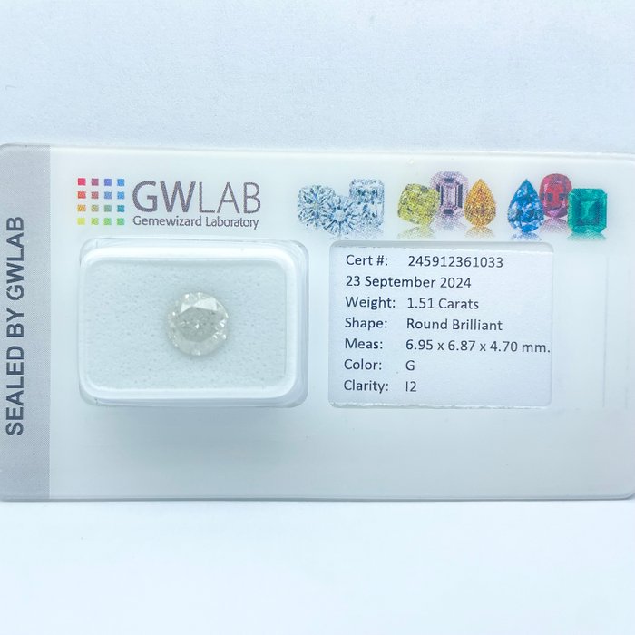 Ingen mindstepris - 1 pcs Diamant  (Natur)  - 1.51 ct - Rund - F - I2 - Gemewizard Gemological Laboratory (GWLab)