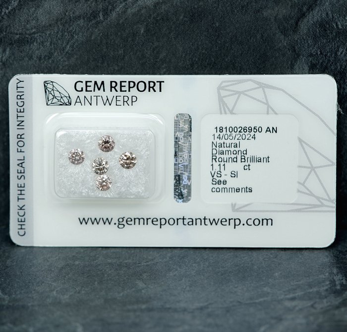 5 pcs Diamant  (Naturfarvet)  - 111 ct - Fancy light Gullig Rosa Brun - SI1 VS1 - Gem Report Antwerp (GRA)