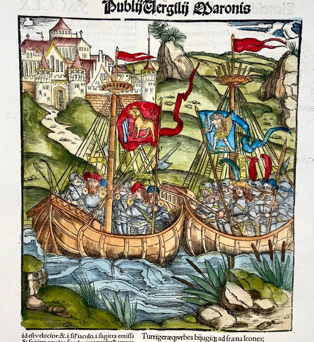 Master of the Gruninger School - Vergil woodcut, folio - Aeneas reaches land, Galleons, troops - 1517