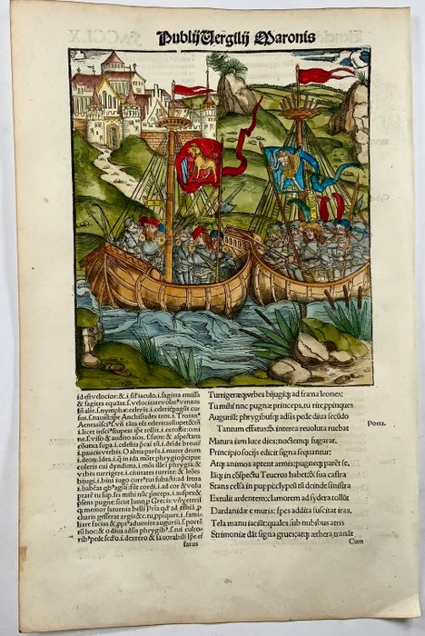 Master of the Gruninger School - Vergil woodcut, folio - Aeneas reaches land, Galleons, troops - 1517