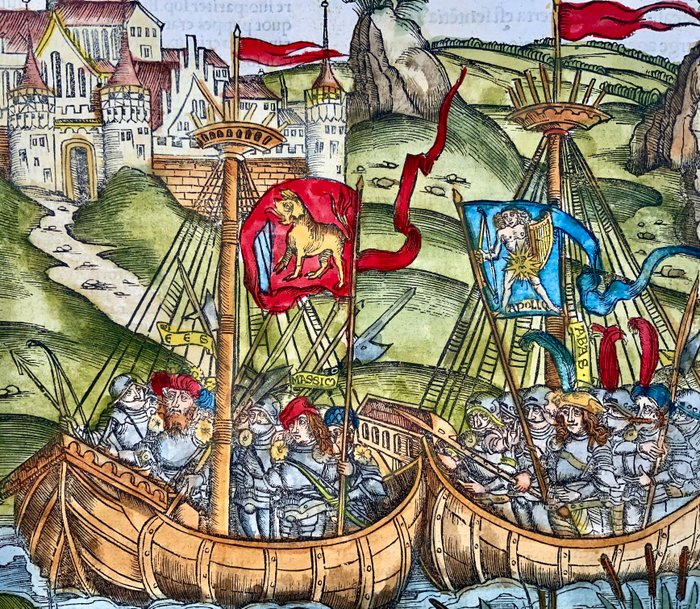 Master of the Gruninger School - Vergil woodcut, folio - Aeneas reaches land, Galleons, troops - 1517