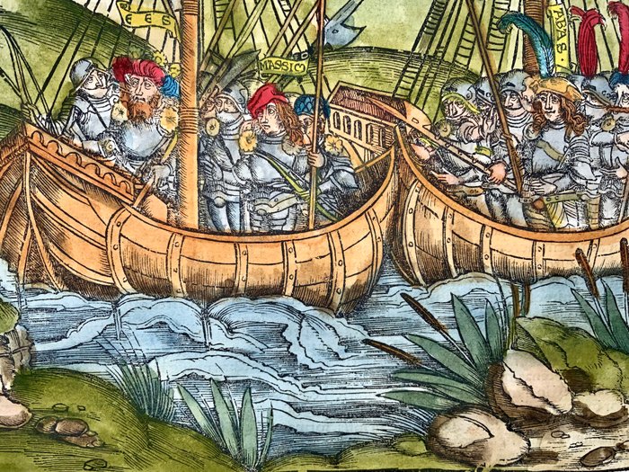 Master of the Gruninger School - Vergil woodcut, folio - Aeneas reaches land, Galleons, troops - 1517