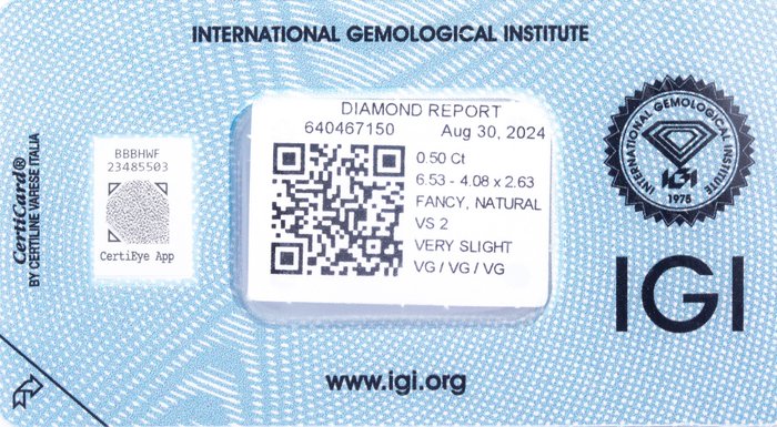 Ingen mindstepris - 1 pcs Diamant  (Naturfarvet)  - 0.50 ct - Pære - Fancy light Gul - VS2 - International Gemological Institute (IGI)