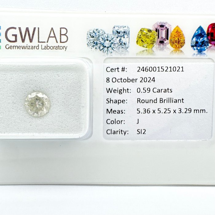 Ingen mindstepris - 1 pcs Diamant  (Natur)  - 0.59 ct - Rund - J - SI2 - Gemewizard Gemological Laboratory (GWLab)