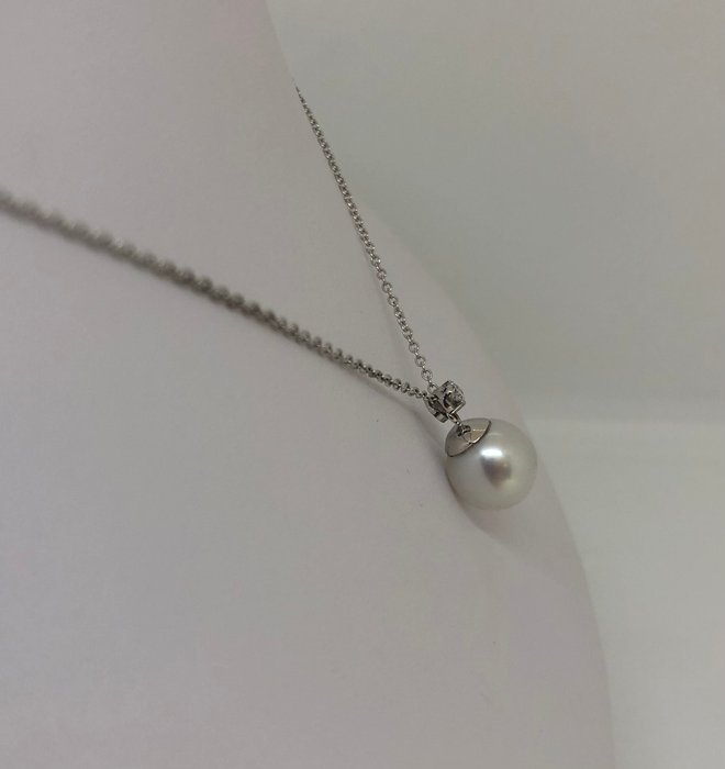 Halskæde med vedhæng SouthSea Pearl - Hvidguld 18K -  0.09ct. tw. Diamant (Natur)