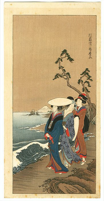 Original Woodblock Print  Three Ladies on a Beach  The Mt Fuji  1920s - After Kitagawa Fujimaro 喜多川藤麿 (1760-1850) - Japan