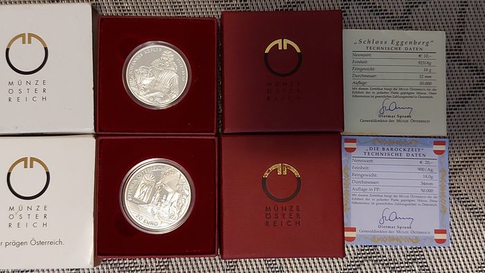 Østrig. 10 Euro / 20 Euro 2002 "Prince Eugene of Savoy" + "Eggenberg Castle" (2 moedas) Proof  (Ingen mindstepris)