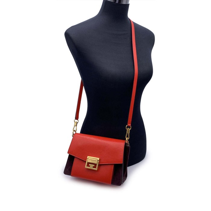 Givenchy - Red Leather Brown Suede GV3 Small Flap - Skuldertaske