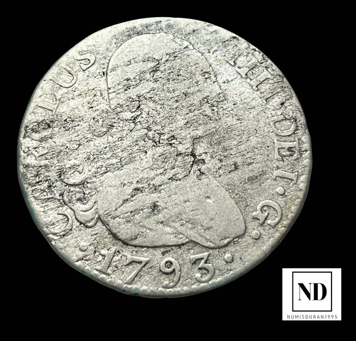 Spanien. Carlos IV. 2 Reales 1793 - Madrid MF  (Ingen mindstepris)