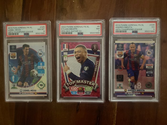 2014/15, 2022/23 Panini Qatar 2022 World Cup, UEFA Champions League Chrome Kylian Mbappé, Lionel Messi, Andres Iniesta PSA 8- 7 - 5 - 3 Graded card