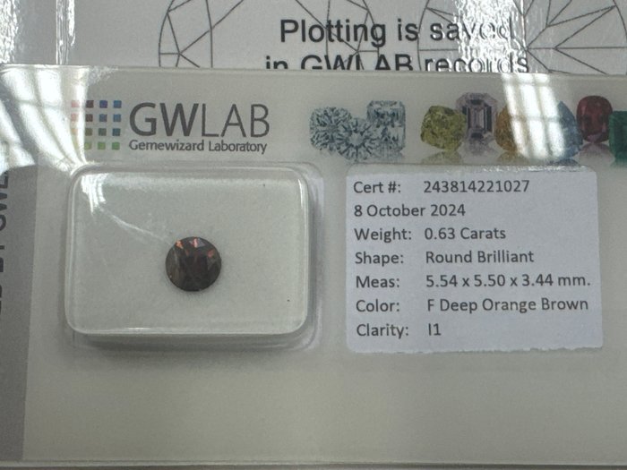 Ingen mindstepris - 1 pcs Diamant  (Naturfarvet)  - 0.63 ct - Rund - Fancy deep Orange Brun - I1 - Gemewizard Gemological Laboratory (GWLab)