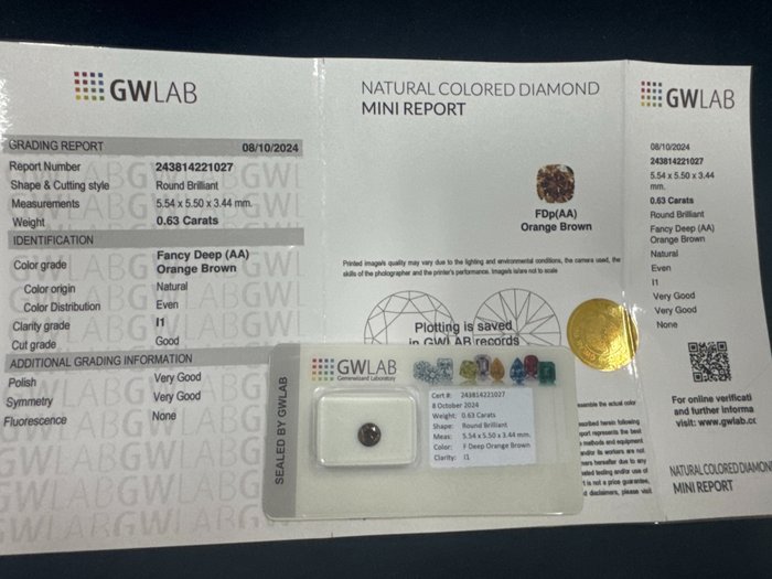 Ingen mindstepris - 1 pcs Diamant  (Naturfarvet)  - 0.63 ct - Rund - Fancy deep Orange Brun - I1 - Gemewizard Gemological Laboratory (GWLab)