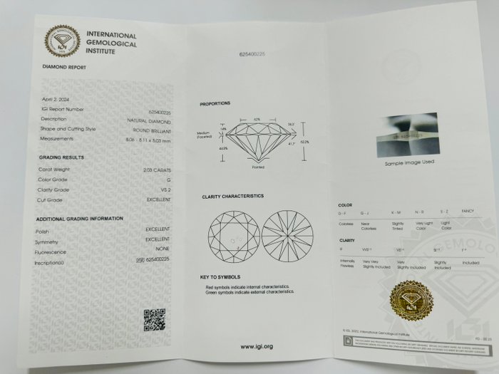 1 pcs Diamant  (Natur)  - 2.03 ct - Rund - G - VS2 - International Gemological Institute (IGI) - *3EX Ingen*