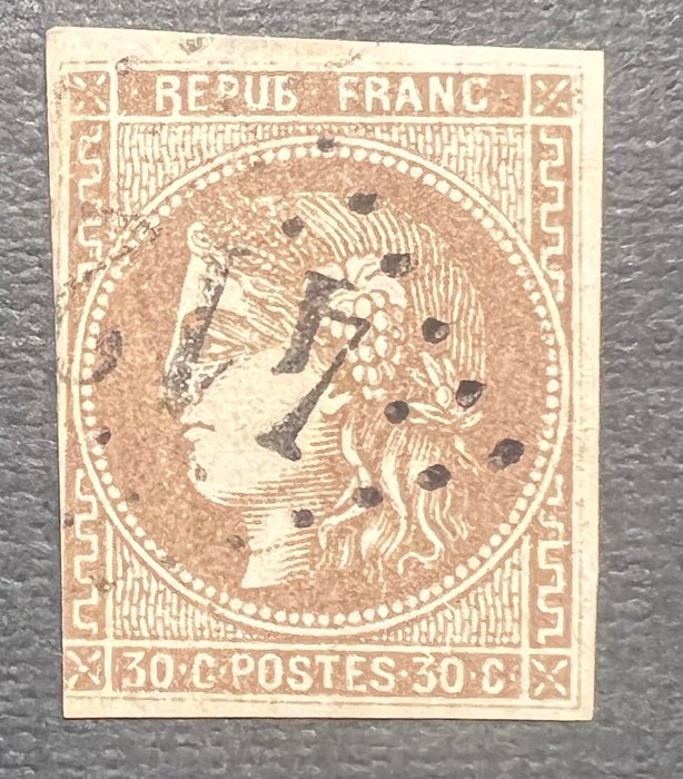 Frankrig 1870 - Frankrig udsendte fra Bordeaux, sort R rører rammen 560 rating - Yvert Tellier 47e