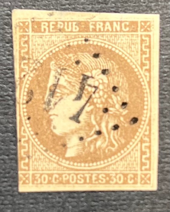 Frankrig 1870 - Frankrig udsendte fra Bordeaux, sort R rører rammen 560 rating - Yvert Tellier 47e