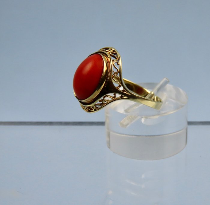 Ingen mindstepris - Ring - 14 karat Gulguld Blodkoral - Stor sten: 1,5x1x0,5 cm