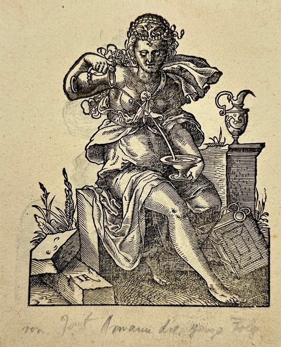 Jost Amman (1539-1591) - Allegorical Woodcut - Spes / Temperantia - Hope / Temperance - 1578