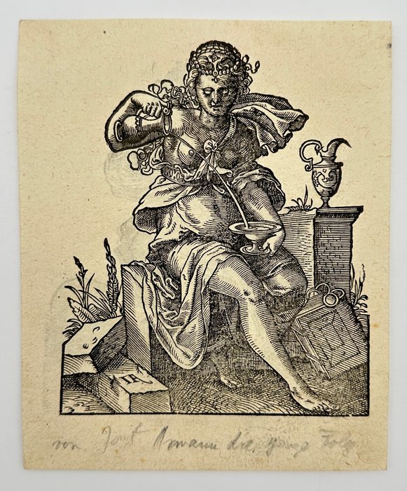 Jost Amman (1539-1591) - Allegorical Woodcut - Spes / Temperantia - Hope / Temperance - 1578