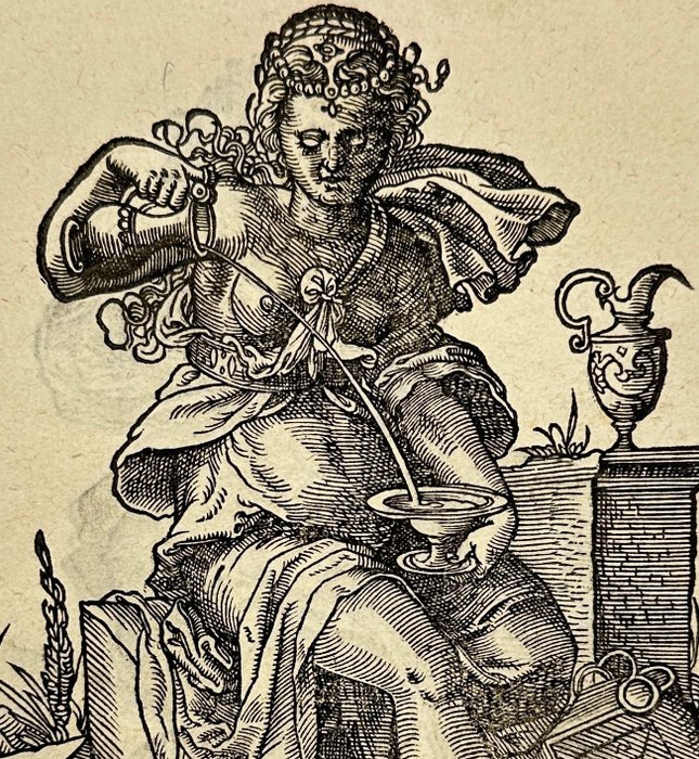 Jost Amman (1539-1591) - Allegorical Woodcut - Spes / Temperantia - Hope / Temperance - 1578