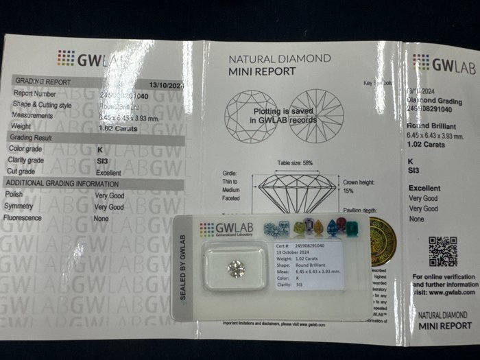 Ingen mindstepris - 1 pcs Diamant  (Natur)  - 1.02 ct - Rund - K - SI3 - Gemewizard Gemological Laboratory (GWLab)