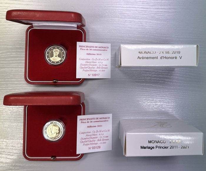 Monaco 2 Euro 2019/2021 "Honoré V" + "Mariage Princier" (2 monnaies) Proof