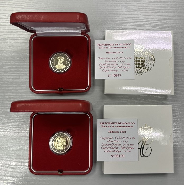 Monaco 2 Euro 2019/2021 "Honoré V" + "Mariage Princier" (2 monnaies) Proof