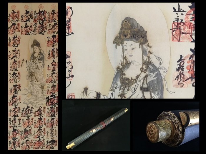 Buddhist KANNON Stamp / Japanese Vintage Hanging Scroll KAKEJIKU / Silk / Hand Painted - Signed - Japan  (Ingen mindstepris)