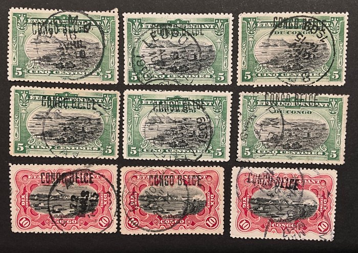 Belgisk Congo 1909 - Udgave Mols "Etat Independant" - Forlagstype "Locale" - Udvalg af aflysninger - ex. OBP 30L/39L