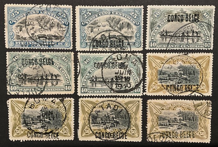 Belgisk Congo 1909 - Udgave Mols "Etat Independant" - Forlagstype "Locale" - Udvalg af aflysninger - ex. OBP 30L/39L