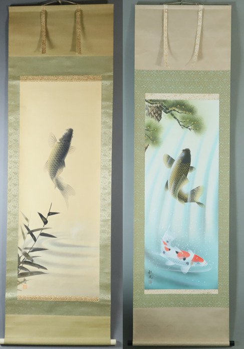 Par Koi 鯉 Hanging Scroll af Shuko 秋湖 og Shukou 秋光 - Japan - Shōwa-periode (1926-1989)