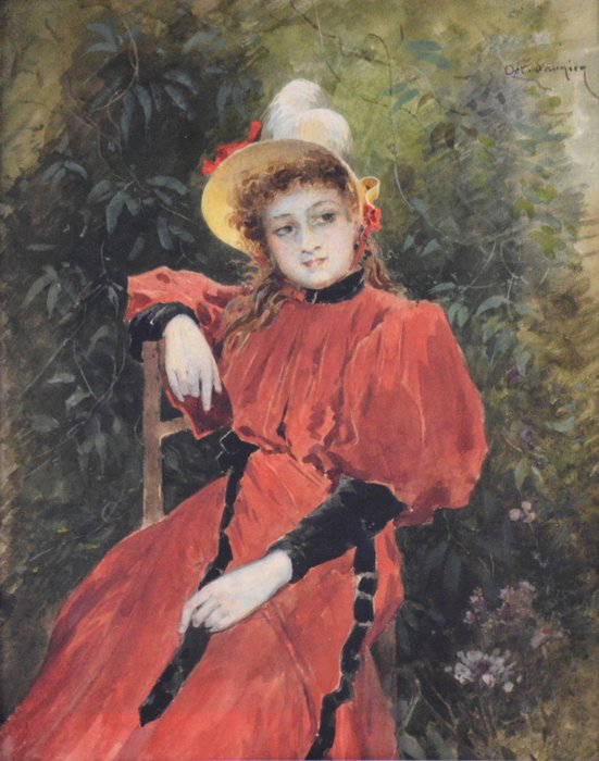 Octave Alfred Saunier (1842-1887) - Portrait de jeune fille à la robe rouge