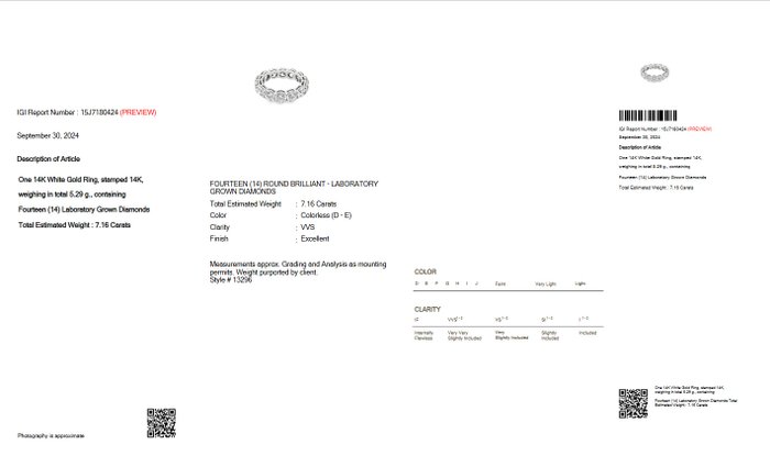 Ingen mindstepris - Alliancering - 14 karat Hvidguld -  7.16ct. tw. Diamant (Laboratoriedyrket) - D-E VVS IGI