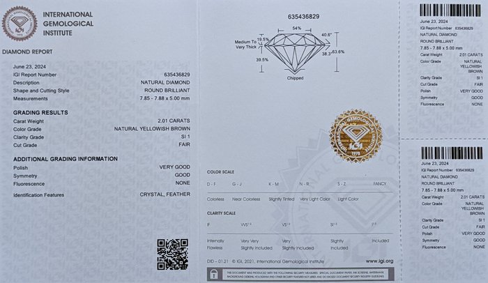 Ingen mindstepris - 1 pcs Diamant  (Naturfarvet)  - 2.01 ct - Rund Gullig Brun - SI1 - International Gemological Institute (IGI)