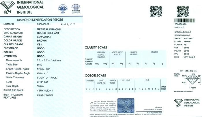 1 pcs Diamant  (Natur)  - 0.70 ct - Rund - VS1 - International Gemological Institute (IGI) - 0,70 Rund Brilliant