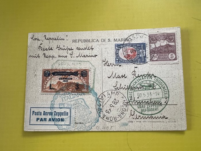 San Marino 1933 - Zeppelin-tur til Italien i 1933, forsyningsledning til San Marino - Longhi Nr. 610